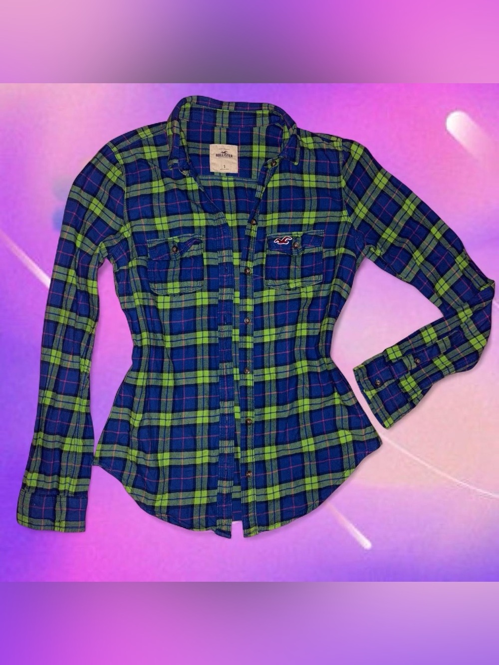 vintage y2k hollister plaid lightweight flannel - 100% cotton, sz sm, can fit xs